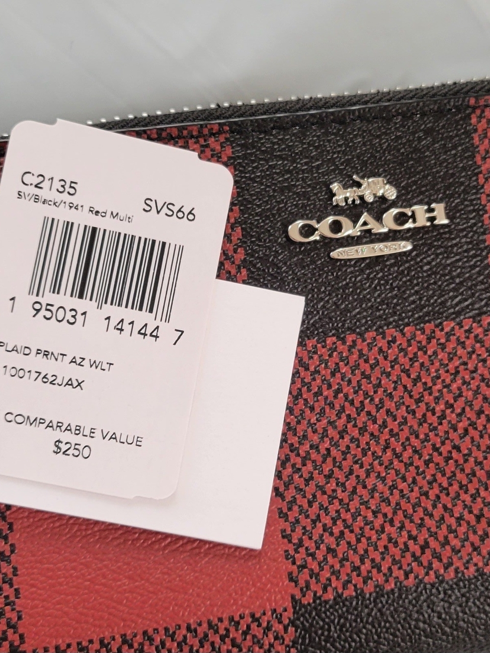 NWT Coach Red & Black Buffalo Check Zip Wallet - Picture 4 of 5